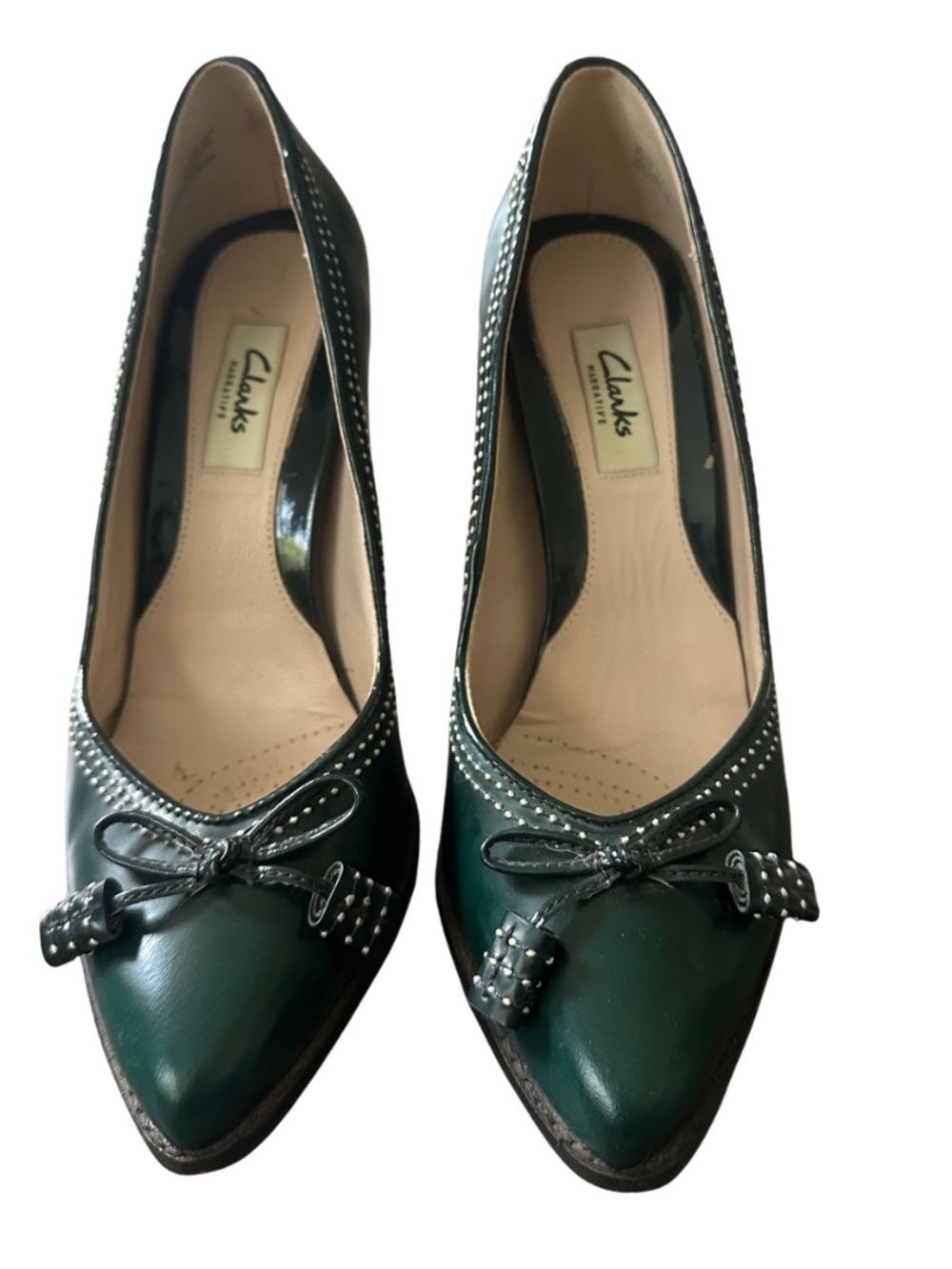 Clarks Deeta Bombay Green Pointed Toe Stud Bow Pumps